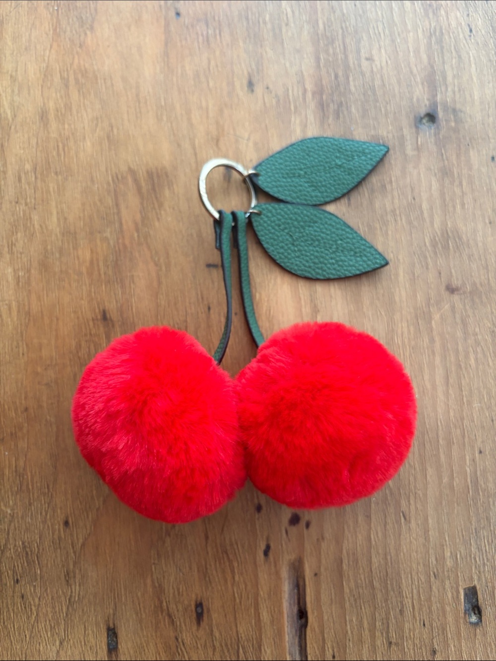 Red Cherry Pom-Pom Keychain with Pleather Green Leaves